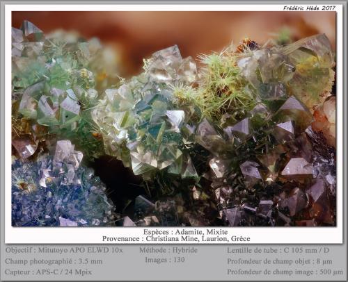 Adamite and Mixite<br />Mina Christiana, Minas Kamariza, Agios Konstantinos, Distrito minero Lavrion, Prefectura Attikí (Attica), Grecia<br />fov 3.5 mm<br /> (Author: ploum)