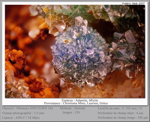 Adamite and Mixite<br />Mina Christiana, Minas Kamariza, Agios Konstantinos, Distrito minero Lavrion, Prefectura Attikí (Attica), Grecia<br />fov 3.5 mm<br /> (Author: ploum)