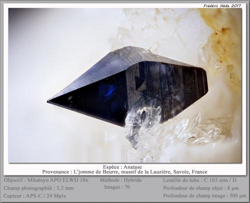 Anatase on Quartz<br />L'Homme de Beurre, Macizo La Lauzière, Saint-Jean-de-Maurienne, Saboya, Auvergne-Rhône-Alpes, Francia<br />fov 3.5 mm<br /> (Author: ploum)