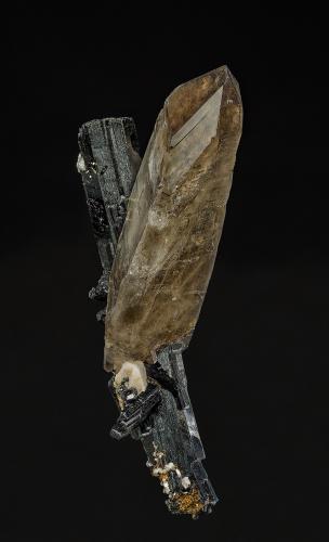 Quartz (variety smoky quartz), Aegirine, Albite<br />Mount Malosa, Zomba District, Malawi<br />9.0 x4.1 cm<br /> (Author: am mizunaka)