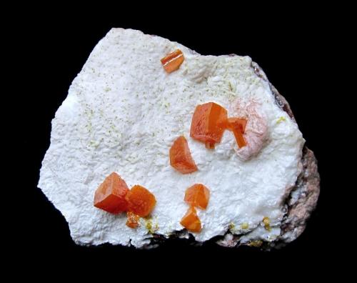 Wulfenite<br />Mina Erupción (Mina Ahumada), Sierra de Los Lamentos, Municipio Ahumada, Chihuahua, México<br />Specimen size 6,5 cm, largest wulfenite 7 mm<br /> (Author: Tobi)