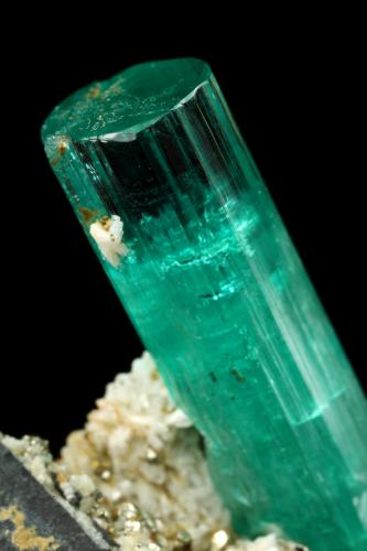 Beryl (variety emerald), Albite (variety cleavelandite), Pyrite<br />Chivor mining district, Palo Arañado Mine, Municipio Chivor, Eastern Emerald Belt, Boyacá Department, Colombia<br />crystal=45mm<br /> (Author: Fiebre Verde)