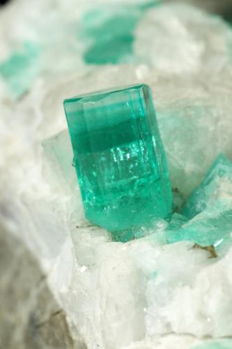 Beryl (variety emerald), Calcite, Pyrite<br />Chivor mining district, El Oriente Mine, Municipio Chivor, Eastern Emerald Belt, Boyacá Department, Colombia<br />59x50x33mm, xl=8mm<br /> (Author: Fiebre Verde)