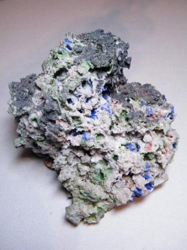 Azurite, Duftite, Mottramite, Calcite etc.<br />Tsumeb Mine, Tsumeb, Otjikoto Region, Namibia<br />155mm x 120mm x 100mm<br /> (Author: Heimo Hellwig)