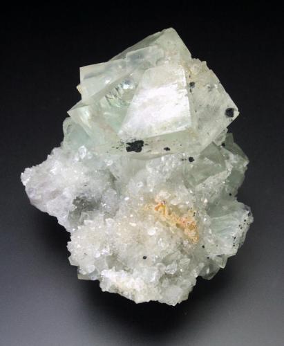 Fluorite on Quartz<br />Redburn Mine, Rookhope, Weardale, North Pennines Orefield, County Durham, England / United Kingdom<br />5x5x4 cm overall size<br /> (Author: Jesse Fisher)