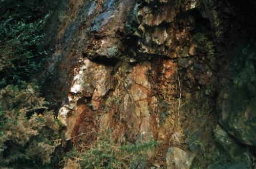 A 'crosscourse' vein<br />Penlee Quarry, Mousehole, Penzance Civil Parish, Cornwall, England / United Kingdom<br />a few metres width<br /> (Author: markbeckett)