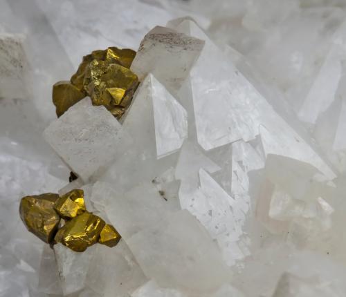 Chalcopyrite on Dolomite and Quartz<br />Halifax, Yorkshire, Inglaterra / Reino Unido<br />Main crystal size of the Chalcopyrite: 2.5 × 2 cm<br /> (Author: Jordi Fabre)