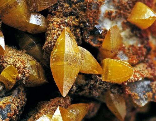 Wulfenite-Descloizite<br />Barranco del Humo Mines, Albuñuelas, Comarca Valle de Lecrín, Granada, Andalusia, Spain<br />FOV 2.5mm<br /> (Author: Carlos Pareja)