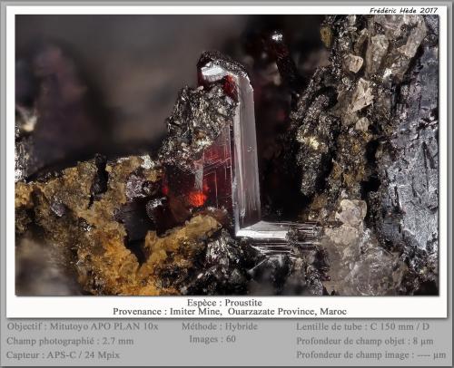 Proustite<br />Imini Mine, Imini area, Ouarzazate Province, Drâa-Tafilalet Region, Morocco<br />fov 2.7 mm<br /> (Author: ploum)