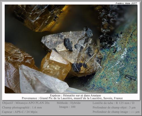 Hematite on/in Anatase<br />Grand Pic de la Lauzière, La Lauzière Massif, Saint-Jean-de-Maurienne, Savoie, Auvergne-Rhône-Alpes, France<br />fov 1.6 mm<br /> (Author: ploum)