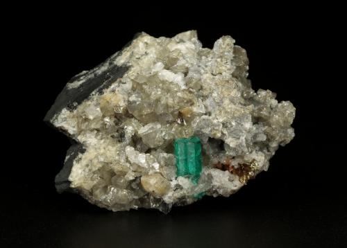 Beryl (variety emerald), Calcite, Dolomite, Pyrite<br />La Pita mining district, Municipio Maripí, Western Emerald Belt, Boyacá Department, Colombia<br />67x53x27mm, xl=11mm<br /> (Author: Fiebre Verde)