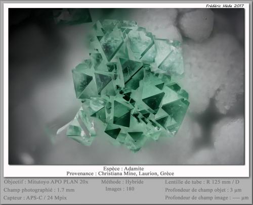 Adamite<br />Christiana Mine, Kamariza Mines, Agios Konstantinos, Lavrion Mining District, Attikí (Attica) Prefecture, Greece<br />fov 1.7 mm<br /> (Author: ploum)