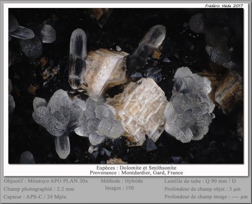 Dolomite and Smithsonite<br />Montdardier, Le Vigan, Gard Department, Occitanie, France<br />fov 2.2 mm<br /> (Author: ploum)