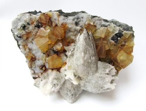 Fluorite, Calcite, Marcasite, Sphalerite<br />Silius, Metropolitan City of Cagliari, Sardinia/Sardegna, Italy<br />Specimen size 15 cm, largest fluorite crystal 2 cm<br /> (Author: Tobi)