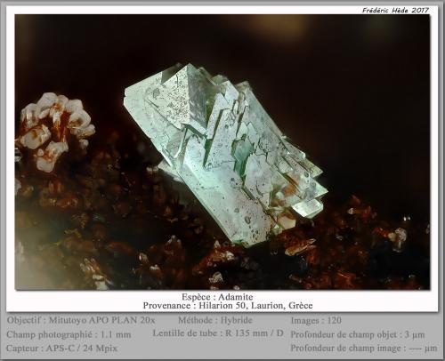 Adamite<br />Mina Hilarion, Zona Hilarion, Minas Kamariza, Agios Konstantinos, Distrito minero Lavrion, Prefectura Attikí (Attica), Grecia<br />for 1.1 mm<br /> (Author: ploum)