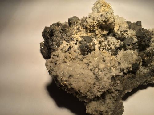 Bournonite, Pyrite, Calcite<br />Pachapaqui mining district, Pachapaqui, Aquia District, Bolognesi Province, Ancash Department, Peru<br />134 mm x 97 mm x 60 mm<br /> (Author: Robert Seitz)