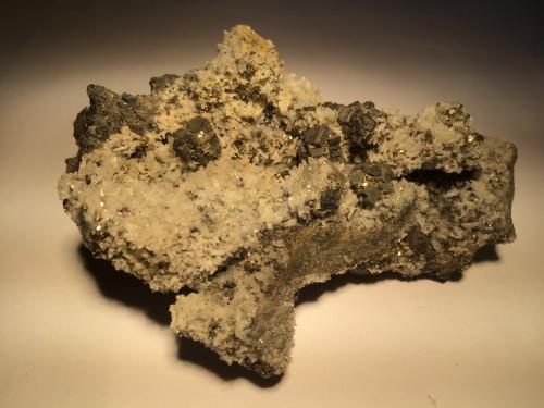 Bournonite, Pyrite, Calcite<br />Pachapaqui mining district, Pachapaqui, Aquia District, Bolognesi Province, Ancash Department, Peru<br />134 mm x 97 mm x 60 mm<br /> (Author: Robert Seitz)