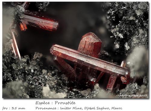 Proustite<br />Imiter Mine, Jebel Saghro, Imiter District, Tinghir Province, Drâa-Tafilalet Region, Morocco<br />fov 3.5 mm<br /> (Author: ploum)