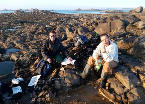 Me (left) and a friend, after dig in the coast of Santec (English Channel sea), Finistere Department, Brittany, FRANCE. February 2017. We found black tourmaline, orthoclase, apatite... (Author: Benj)