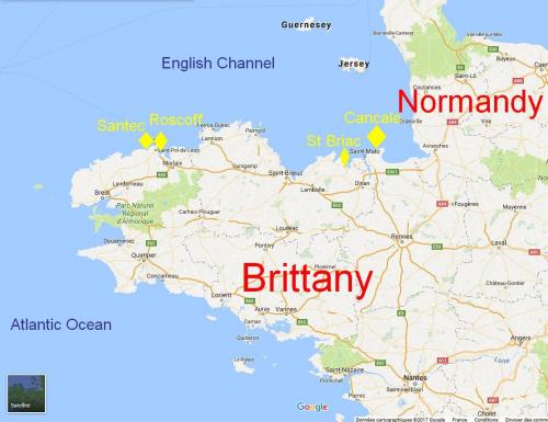 Map with best spots of Tourmaline, Orthoclase, Beryl and Apatite...in the North Coast of Brittany (Author: Benj)