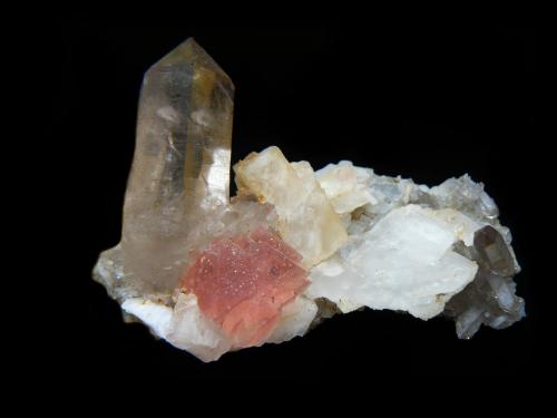 Quartz (variety smoky), Fluorite and Calcite<br />Aiguille Verte (La Charpoua side), Mont Blanc Massif, Chamonix, Haute-Savoie, Auvergne-Rhône-Alpes, France<br />6 x 4 cm<br /> (Author: Benj)