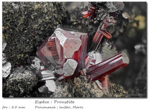 Proustite<br />Imiter Mine, Jebel Saghro, Imiter District, Tinghir Province, Drâa-Tafilalet Region, Morocco<br />fov 5.5 mm<br /> (Author: ploum)