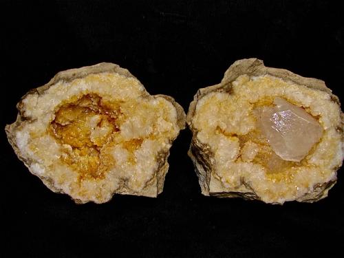Calcite on Dolomite<br />Washington County, Indiana, USA<br />the calcite is 5 cm<br /> (Author: Bob Harman)