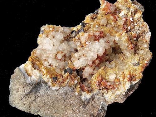 Sphalerite, Calcite and Dolomite with Quartz<br />Former State Route 37 road cuts, Bloomington (North), Monroe County, Indiana, USA<br />Specimen is 12 cm. The sphalerite is up to 1 cm. The calcite is up to 1 cm.<br /> (Author: Bob Harman)