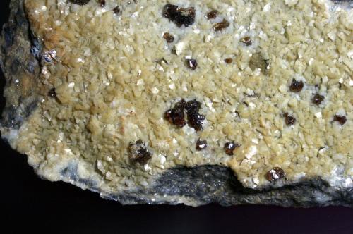 Esfalerita en Dolomita<br />Mina Troya, Mutiloa, Comarca Goyerri, Guipúzcoa / Gipuzkoa, País Vasco (Euskadi), España<br />Cristales de 3 a 5 mm.<br /> (Autor: Antonio P. López)