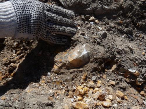 A large crystal that was unfortunately already broken before we attempted to remove it.  Nevertheless, I will mend it and keep it for ourselves. (Author: Pierre Joubert)