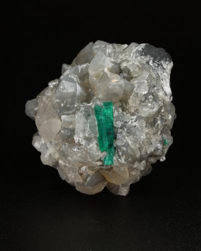 Beryl (variety emerald), Calcite, Dolomite<br />La Pita mining district, Cunas Mine, Municipio Maripí, Western Emerald Belt, Boyacá Department, Colombia<br />47x45x47mm, xl=18mm - 2 xls in the back: 11mm & 7mm<br /> (Author: Fiebre Verde)