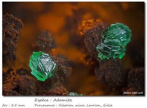 Adamite<br />Hilarion Mine, Hilarion area, Kamariza Mines, Agios Konstantinos, Lavrion Mining District, Attikí (Attica) Prefecture, Greece<br />fov 2.5 mm<br /> (Author: ploum)