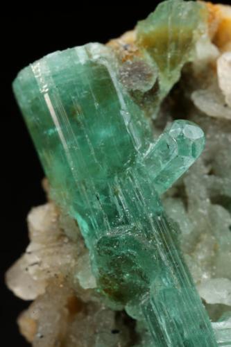 Beryl (variety emerald), Albite (variety cleavelandite)<br />Chivor mining district, Municipio Chivor, Eastern Emerald Belt, Boyacá Department, Colombia<br />39x27x19mm, longest xl=22mm<br /> (Author: Fiebre Verde)