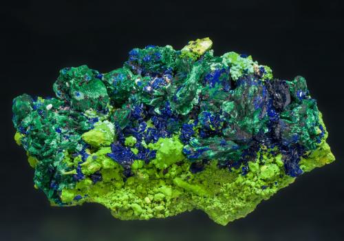 Azurite, Malachite, and Bayldonite<br />Tsumeb Mine, Tsumeb, Otjikoto Region, Namibia<br />2.9 x 4.0 x 6.8 cm<br /> (Author: crosstimber)