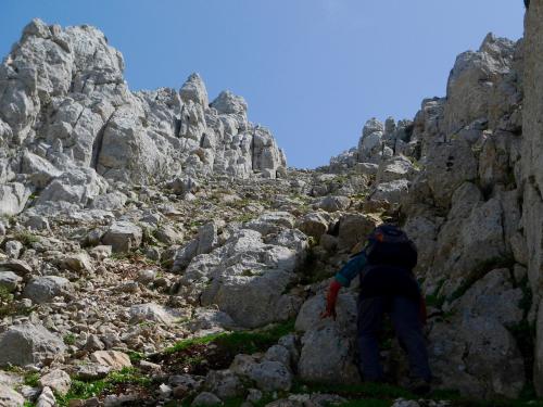 Ya llegando arriba nos apartamos del canchal y subimos por un corredor lateral (Autor: Josele)