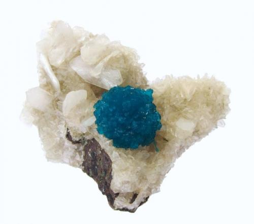 Cavansite, Stilbite<br />Wagholi Quarry, Wagholi, Pune District (Poonah District), Maharashtra, India<br />Specimen size 5 cm, cavansite "ball" 13 mm<br /> (Author: Tobi)