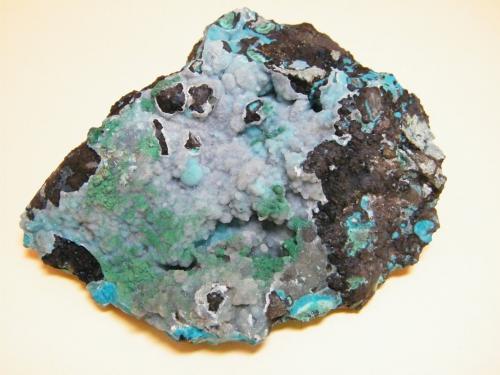 Chrysocolla, Malachite and Quartz<br />Skorpion Mine, Rosh Pinah, Lüderitz District, ǁKaras Region, Namibia<br />127mm x 109mm x 52mm<br /> (Author: Heimo Hellwig)