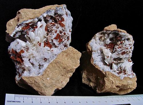 Aragonite on Quartz<br />Monroe County, Indiana, USA<br />the diverging aragonite sprays are 2 cm - 3 cm.<br /> (Author: Bob Harman)