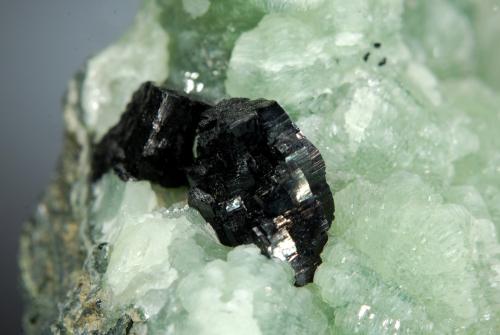 Babingtonite on Prehnite<br />Lane Quarry, Westfield, Hampden County, Massachusetts, USA<br />4.1 x 6.3 cm<br /> (Author: crosstimber)