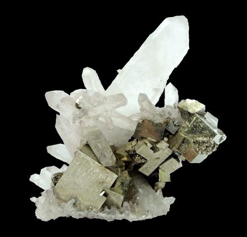 Quartz, Pyrite<br />Fengjiashan Mine, Edong, Daye, Huangshi Prefecture, Hubei Province, China<br />Specimen size 7 cm, largest quartz 5,5 cm, largest pyrite 1,5 cm<br /> (Author: Tobi)