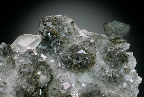 Fluorite, Calcite, Pyrite<br />Ladywash Mine, Eyam, Derbyshire, England / United Kingdom<br />FOV = 8 cm<br /> (Author: Jesse Fisher)