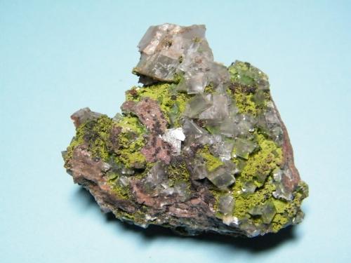 Calcite and Conichalcite<br />Tsumeb Mine, Tsumeb, Otjikoto Region, Namibia<br />58mm x 63mm x 37mm<br /> (Author: Heimo Hellwig)