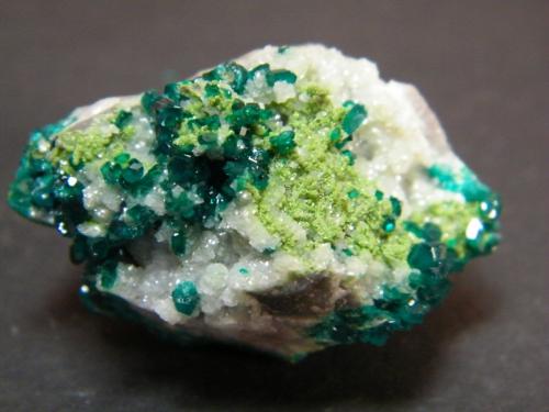 Dioptase and Duftite on Calcite<br />Tsumeb Mine, Tsumeb, Otjikoto Region, Namibia<br />39mm x 27mm x 30mm<br /> (Author: Heimo Hellwig)
