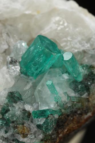 Beryl (variety emerald), Calcite, Quartz<br />Peñas Blancas Mine, Municipio San Pablo de Borbur, Western Emerald Belt, Boyacá Department, Colombia<br />40x44x41mm, xls up to 5mm<br /> (Author: Fiebre Verde)