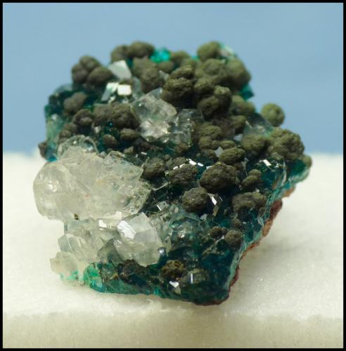 Calcite, Mottramite, Dioptase<br />Tsumeb Mine, Tsumeb, Otjikoto Region, Namibia<br />30 x 22 x 10 mm<br /> (Author: Pierre Joubert)