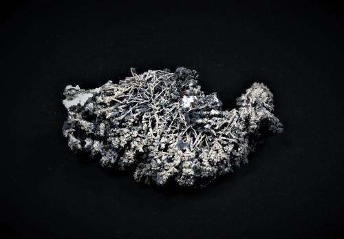 Silver, Acanthite, Calcite<br />Balcoll Mine, Falset, Comarca Priorat, Tarragona, Catalonia / Catalunya, Spain<br />76 mm x 42 mm x 27 mm<br /> (Author: Don Lum)
