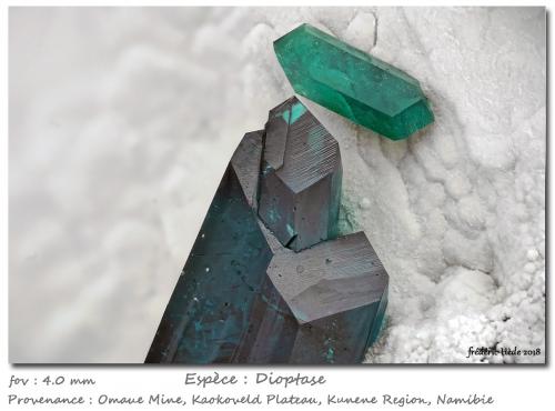 Dioptase<br />Mina Omaue, Kaokoveld Plateau, Región Kunene, Namibia<br />fov 4 mm<br /> (Author: ploum)