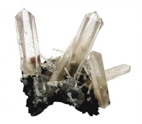 Quartz, Hematite<br />Jinlong Hill, Longchuan, Heyuan Prefecture, Guangdong Province, China<br />Specimen size 10 cm, largest quartz crystal 7 cm<br /> (Author: Tobi)