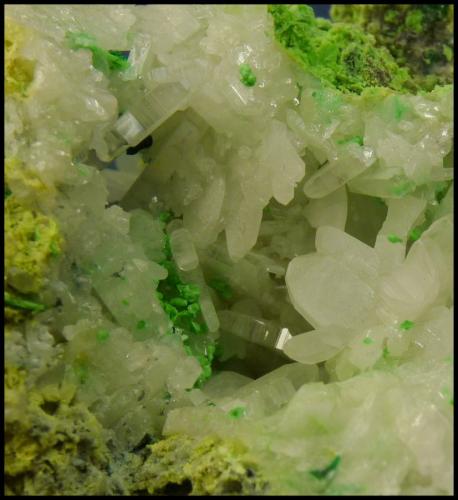 Cerussite, adamite and duftite<br />Tsumeb Mine, Tsumeb, Otjikoto Region, Namibia<br />80 x 57 x 50 mm<br /> (Author: Pierre Joubert)