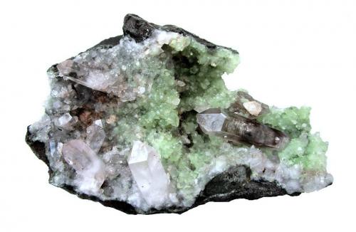 Quartz, Prehnite, Analcime, Calcite, Apophyllite<br />Goboboseb Mountains, Brandberg area, Erongo Region, Namibia<br />Specimen size 16 cm, largest quartz crystal 5 cm<br /> (Author: Tobi)